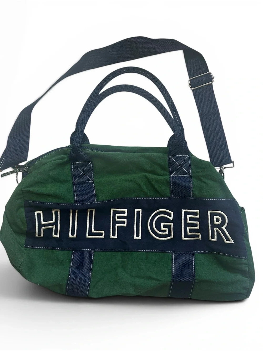 Tommy Hilfiger Green and Navy Canvas Weekend Duffel Y2K